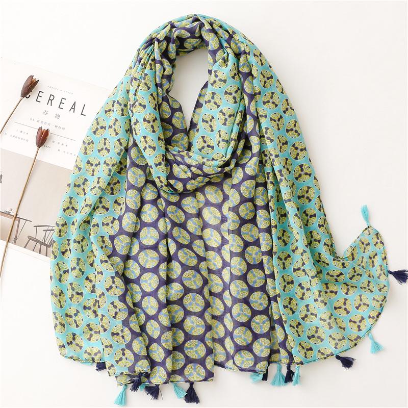 "Bali Yarn Cotton-Linen Scarf: Fresh Solid Color, Fruit Green & Bright Yellow Leaf Print with Tassel Detail"