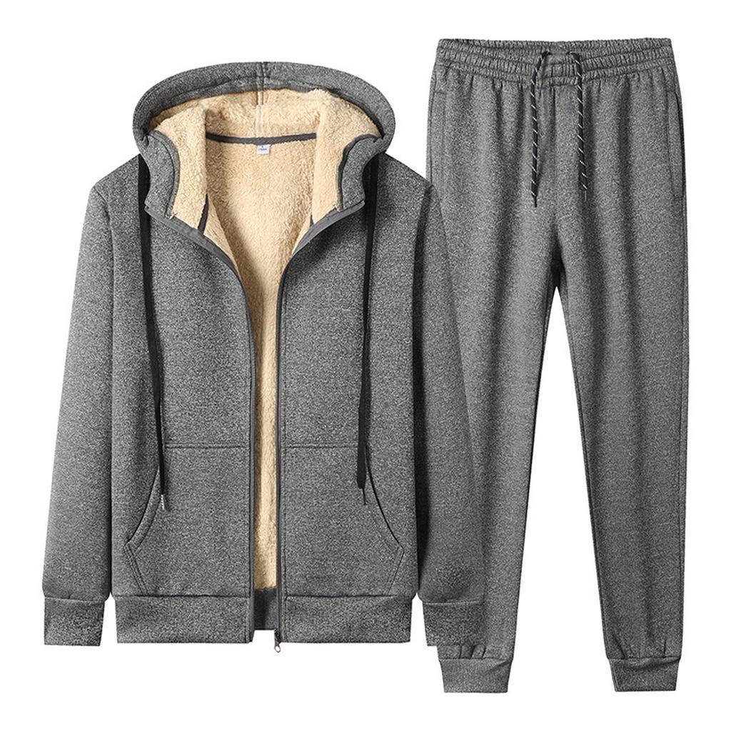 Men's Thermal Fleece Pockets Thickened Fleece Lined Casual Sports Pants+Hoodie Coat Suit
