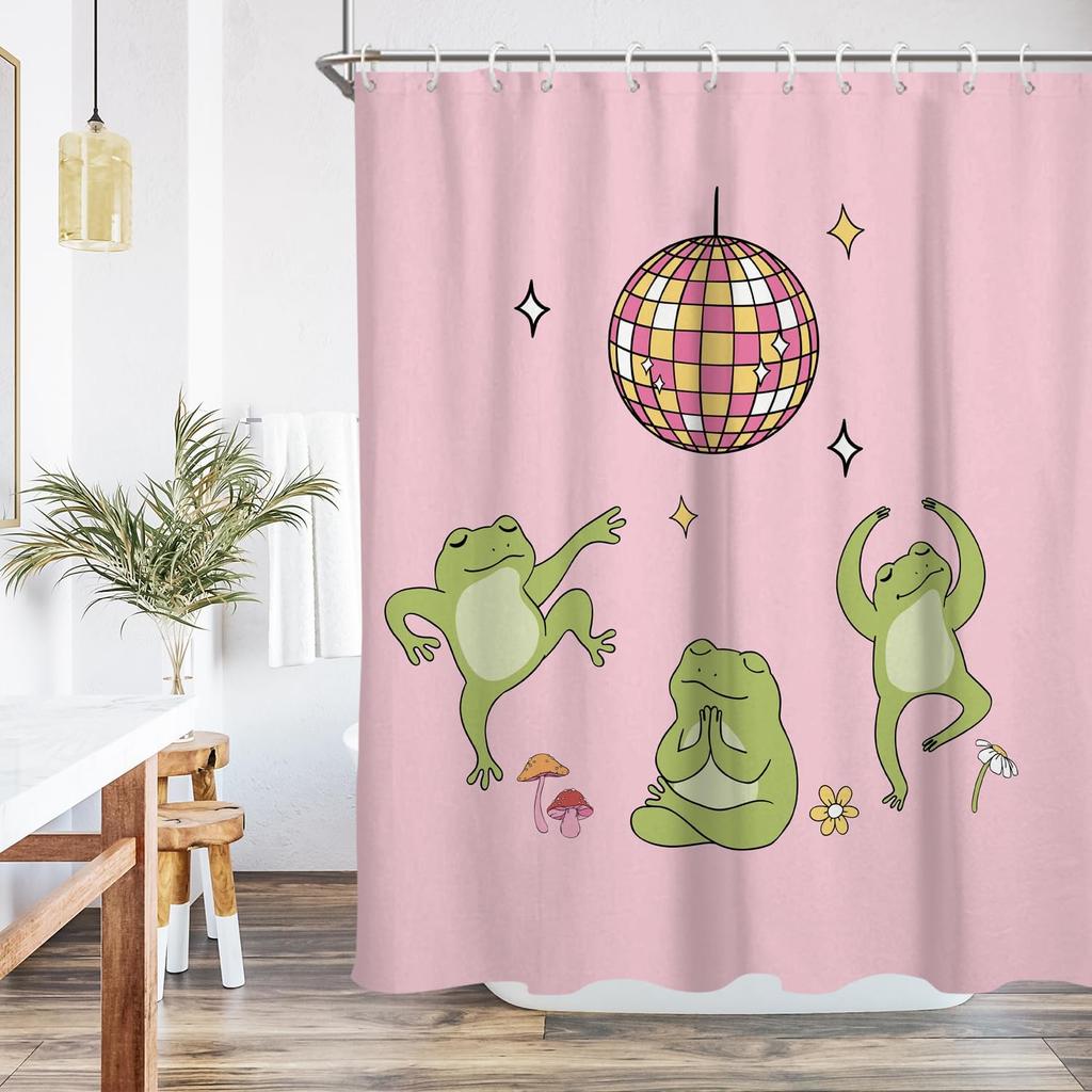 Funny Frog Shower Curtain Fun Kids Cute Animal Disco Ball Dancing Cartoon Children Anime Unique Pattern Aesthetic Fabric