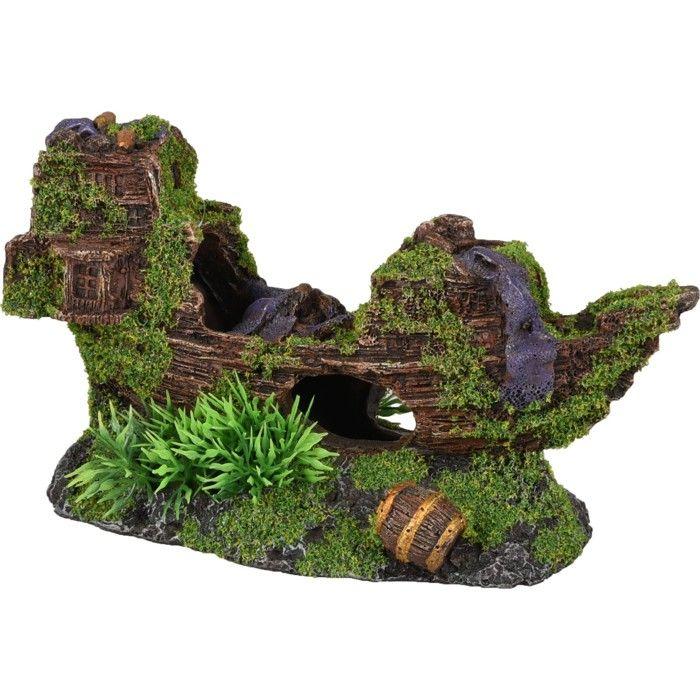 Décoration aquarium épave de bateau cachettes effet mousse 18 cm