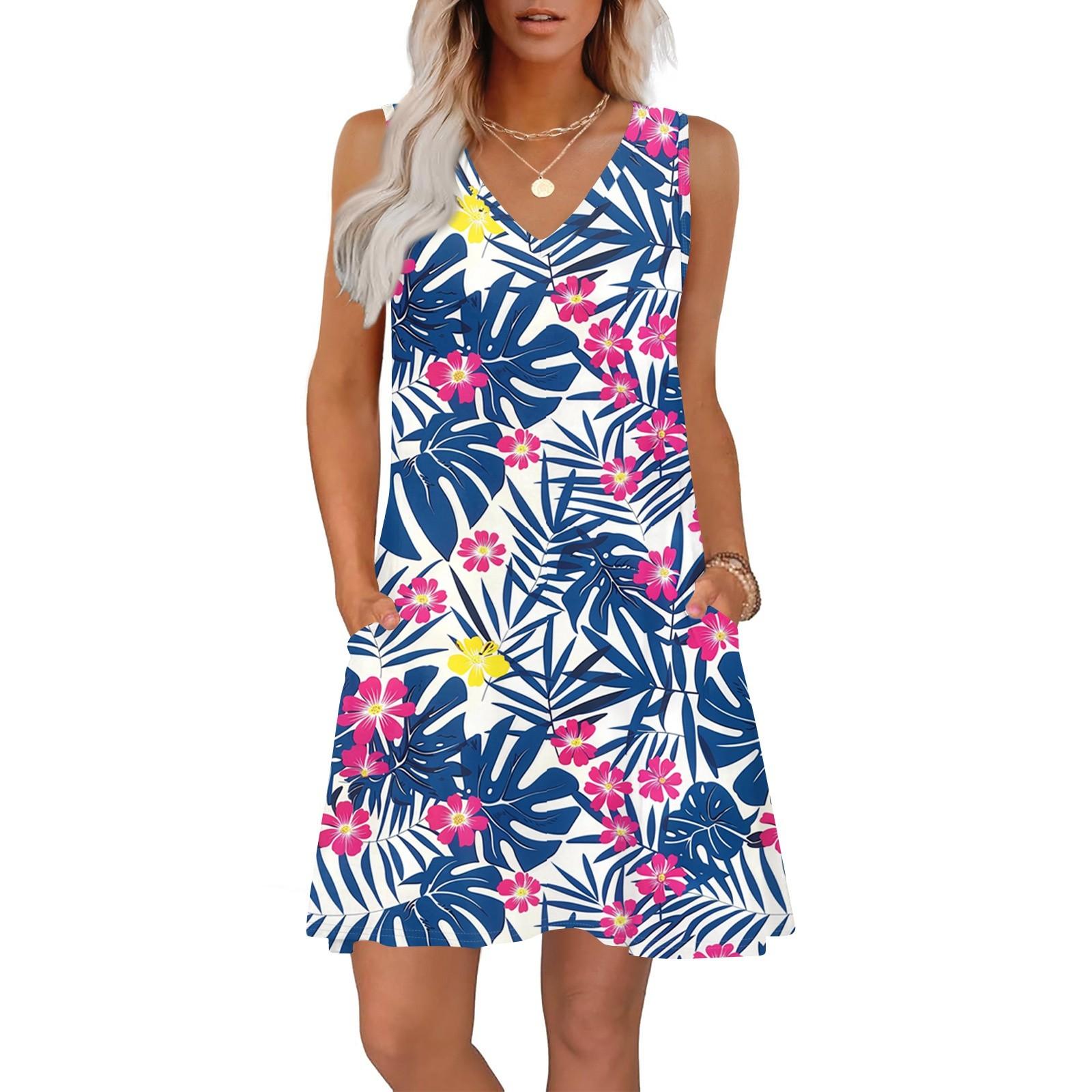 

Жіночі літні сукні вільного крою з принтом, V-подібним вирізом, без рукавів, сарафани, пляжна гавайська сукня з кишенями XXL синій