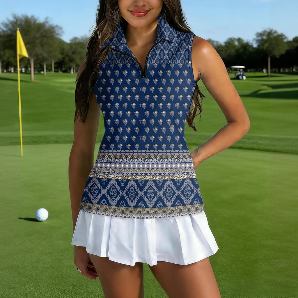 Women Sleeveless Golf Polo Shirt with Zipper Collar Printed Athletic Tank Top for Outdoor Sports and Casual Wear