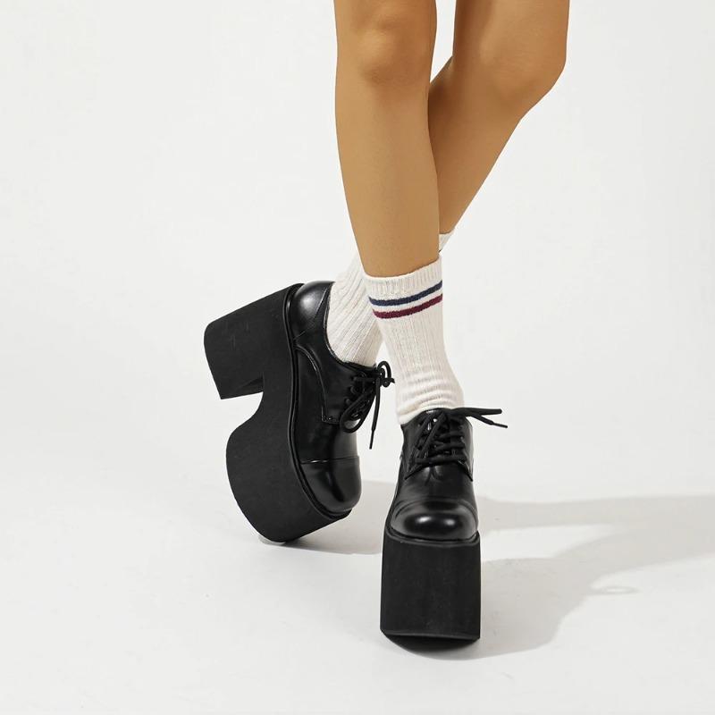 Womens Chunky Heeled Pumps Lace Up Elegant Oxford Platform Pumps for Women Height Increase Design Party Cosplay Shoes