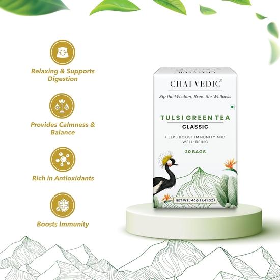 Chai Vedic Tea | Tulsi Green Tea Classic | Tulsi Tea | Green Tea | 20 Tea Bags | Tea Powder