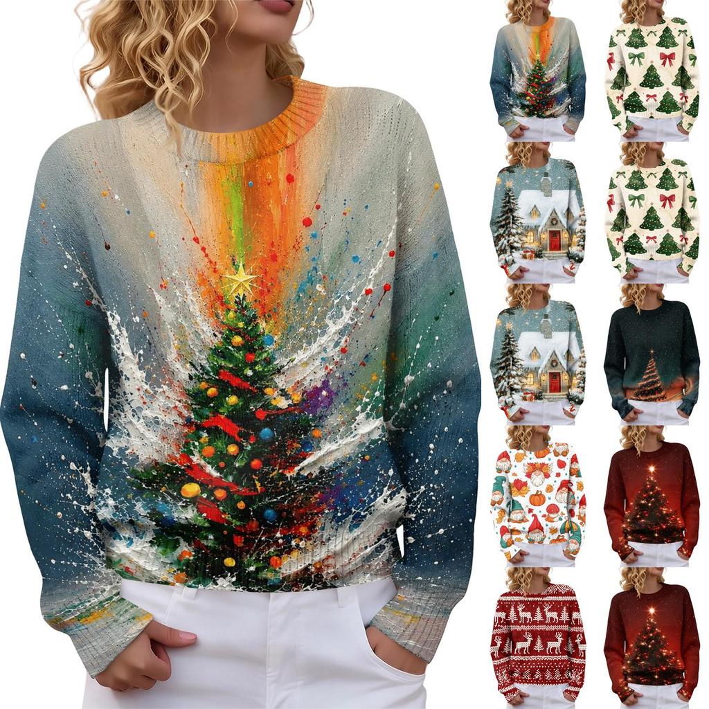 Weicher Damen-Strickpullover mit weihnachtlichem Aufdruck, Rundhalsausschnitt, Langarm für Herbst und Winter