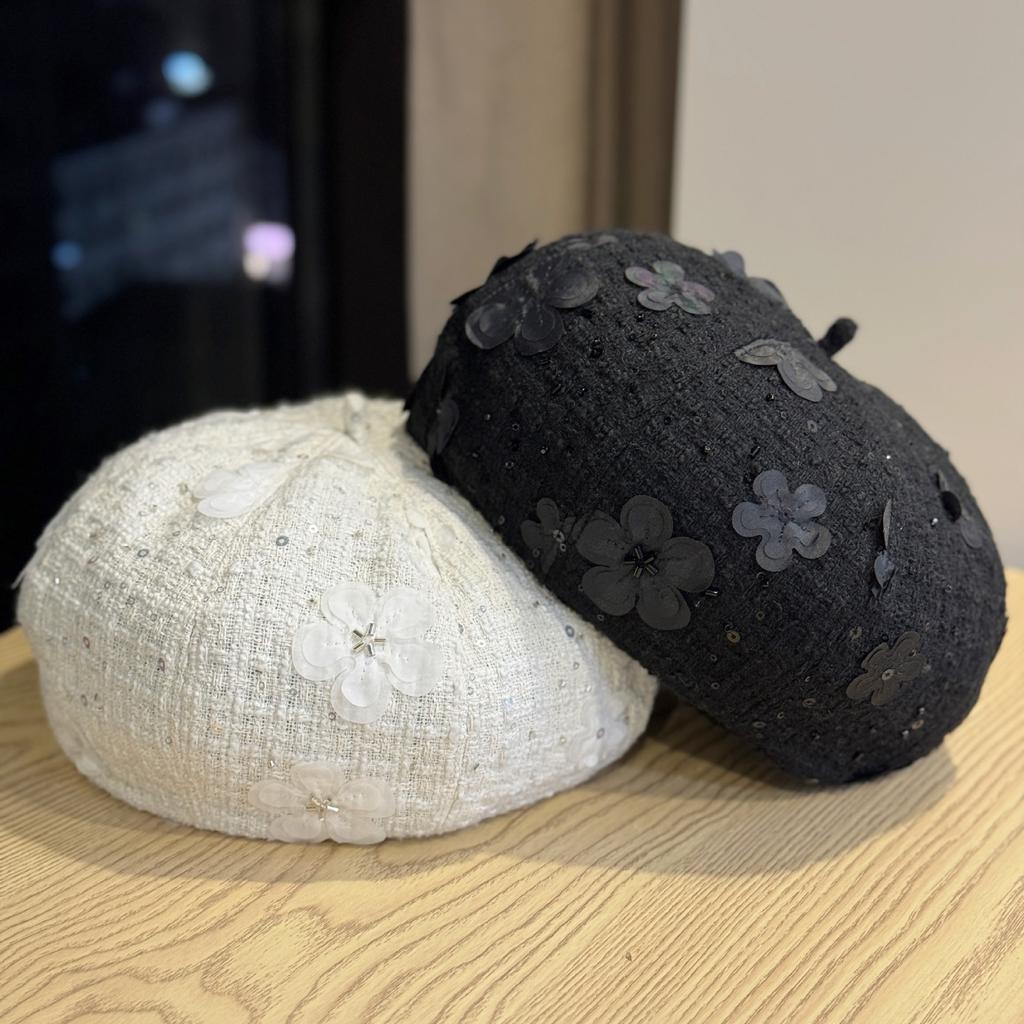 New Temperament Beret Ins Literary Style Small Fragrance Shopping Fashion Sequin Flower Face Small Octagonal Beret Hat