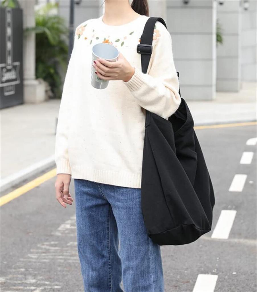 Annlaite Canvas Tote Bag for Men and Women, Shoulder Bag, Large Capacity, A4 Size, Stylish, Perfect for Commuting, 2-3 Days, White and Black, 2137