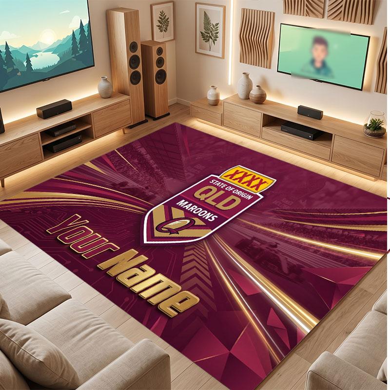 Personalisierter Kristall-Samt-Teppich der Queensland Maroons, Weicher Anti-Rutsch-Teppich mit individuellem Namens-Text für Wohnzimmer, Schlafzimmer