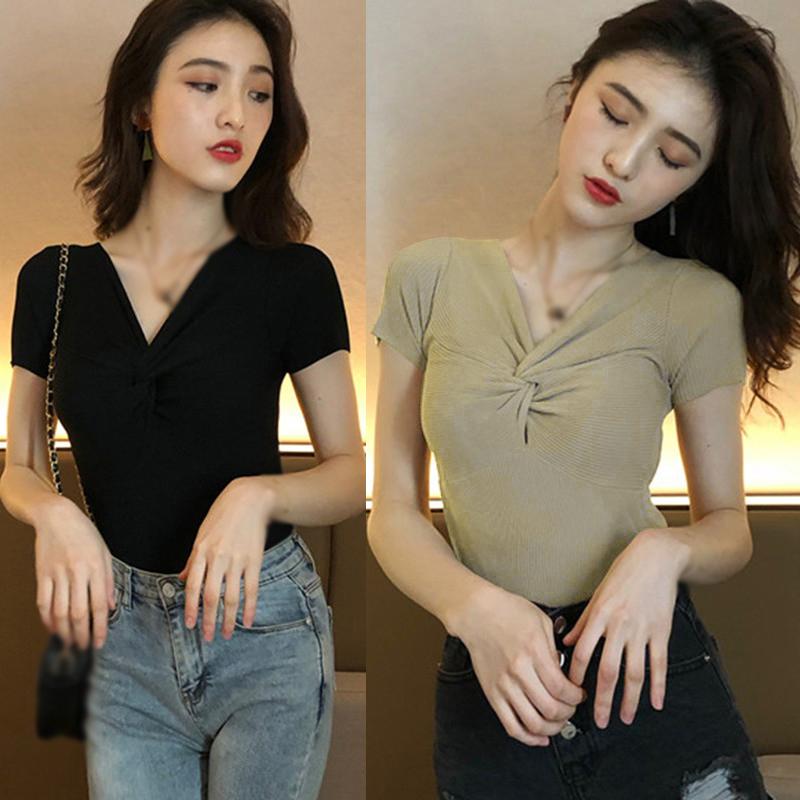 

Women V Neck Knot Solid Short Sleeve Knitted T-Shirt One Size
