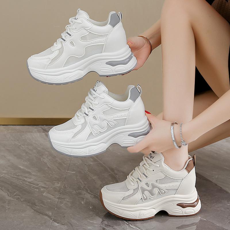 Breathable women's 2025 new summer thin mesh sports little white shoes small thick soles increase in height
