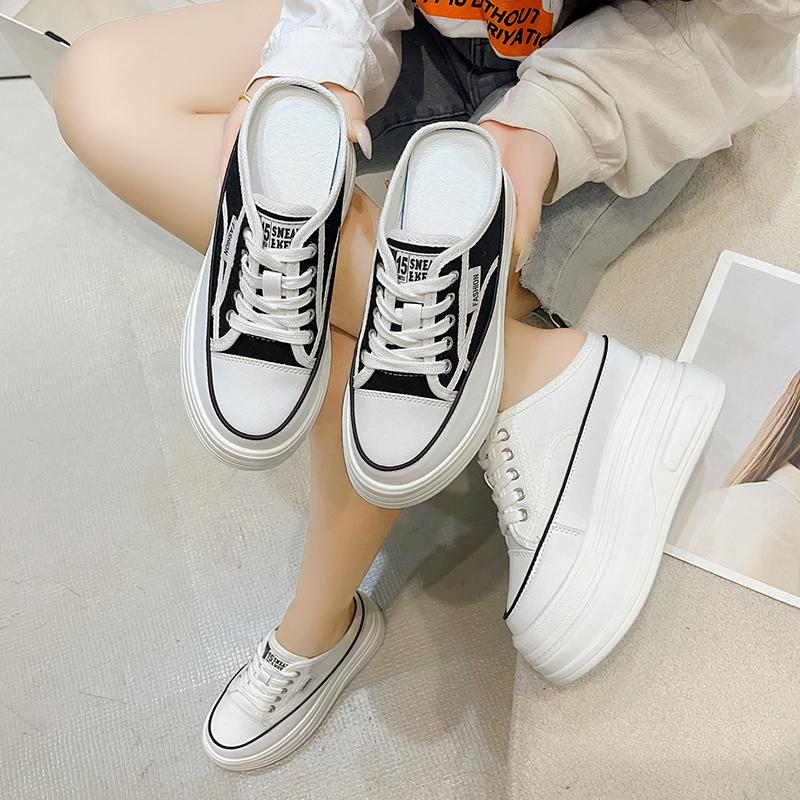 Fashion 2025 New Denim Platform Ladies Slippers Lace Up Chunky Sneaker Casual Comfy Breathable Autumn Bao Toe Shoes Zapatillas De Mujer