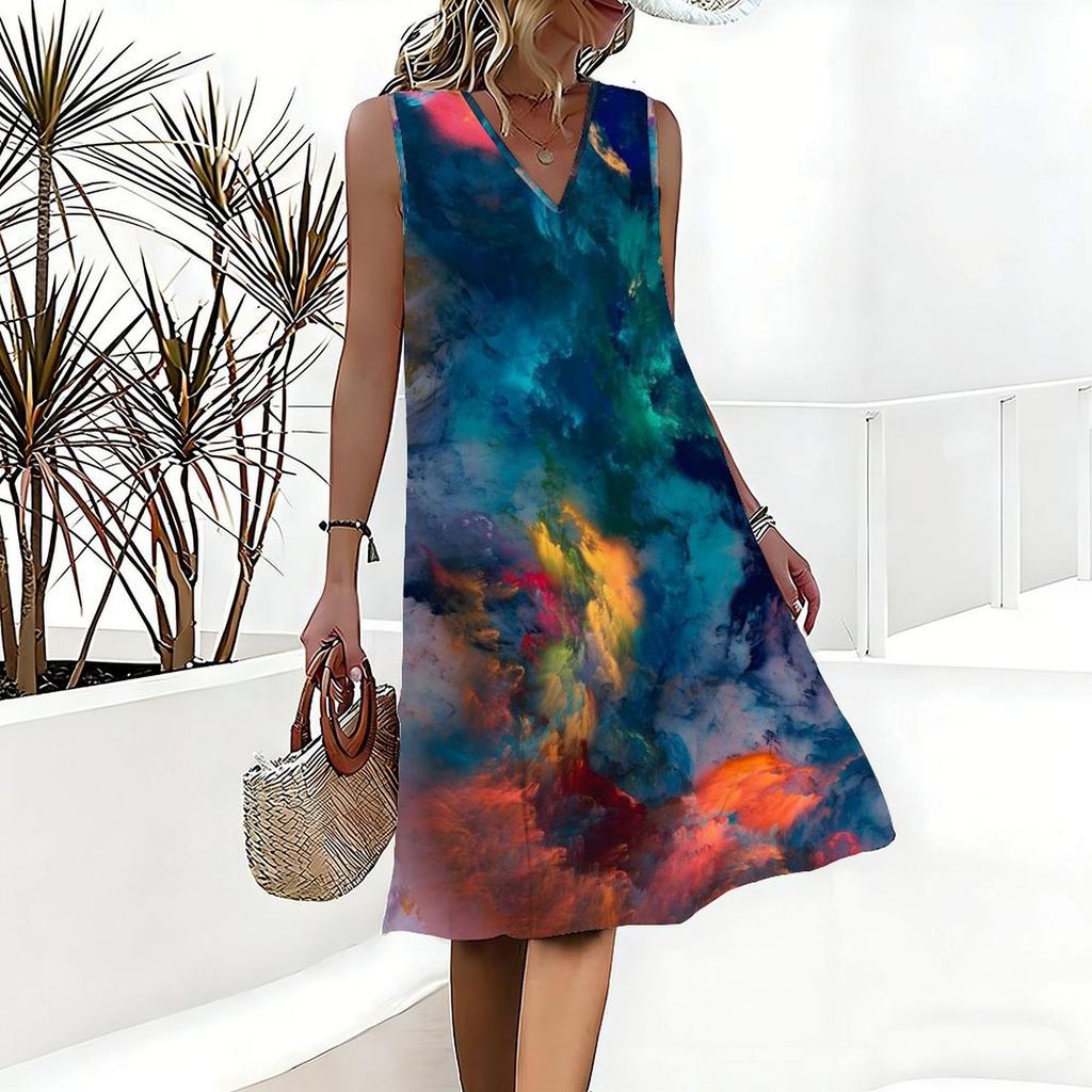 Plus Size V Neck Sleeveless Misty Canyon Waterfall Print For Wilderness Sightseeing Trip