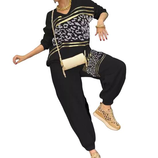 2 Pezzi/Set Abbigliamento Casual da Donna Set Top Pantaloni Scollo a V Maniche Lunghe Felpa Stampa Leopardo Bronzata Pantaloni Sportivi Vita Elastica Outfit Sportivo Autunno