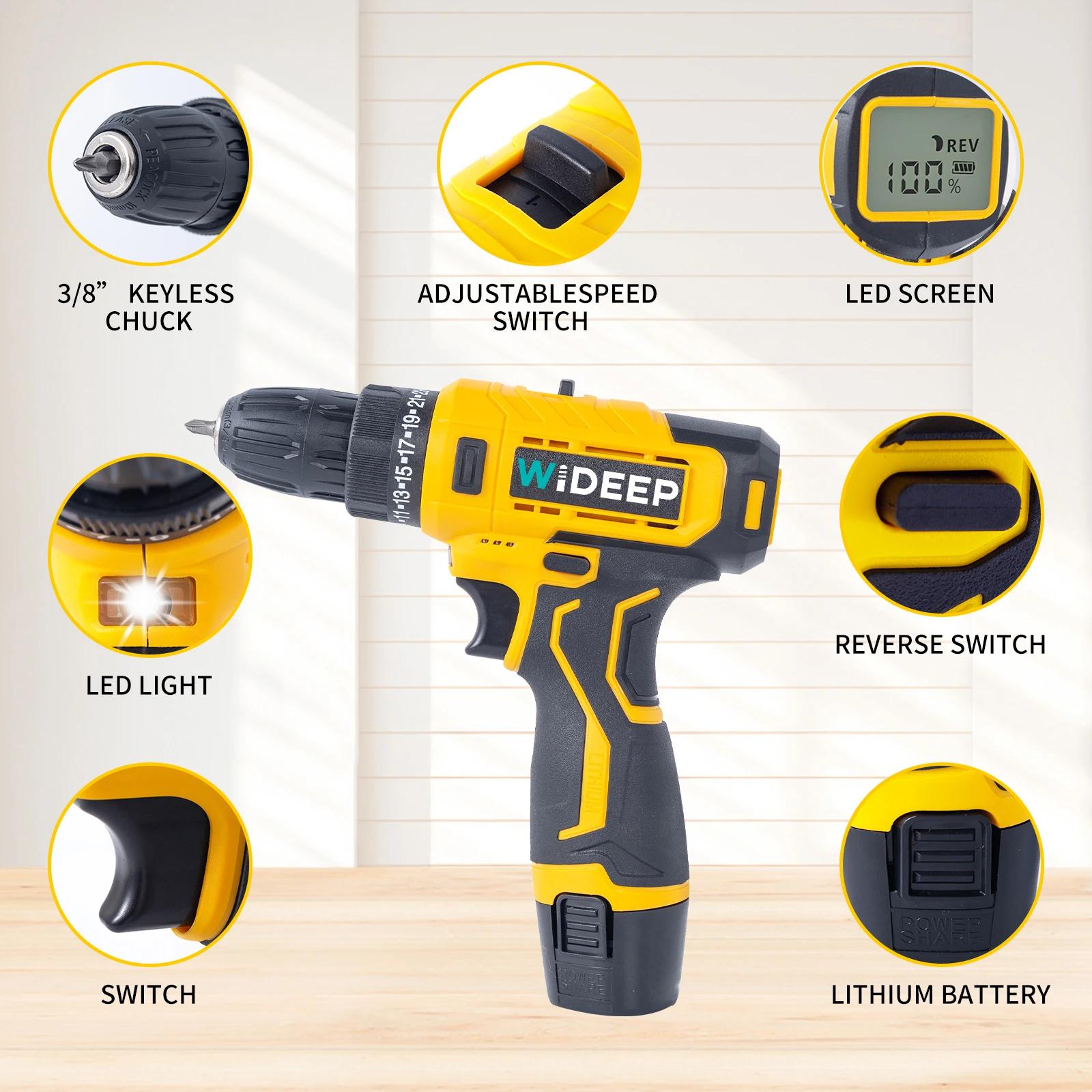 

12V Cordless Electric Drill,35 N Power Impact Drill LCD Screen Electric Drill Screwdriver Drill Set,2-Speed mini Drill EU