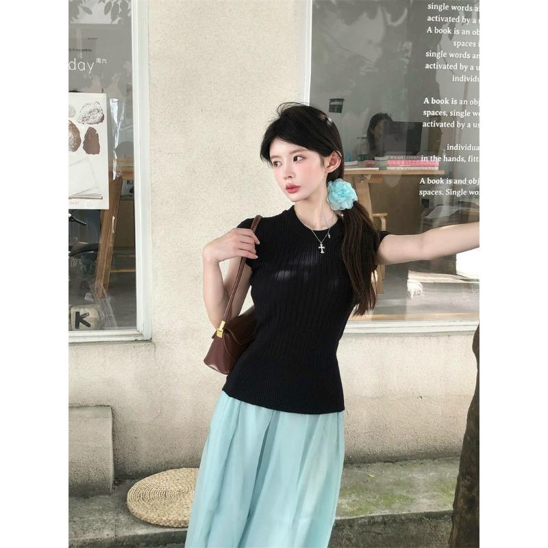 Khaki Small Flying Sleeve T-shirt Women's Summer New Sweet Temperament Slim Slim Niche Sweater Top