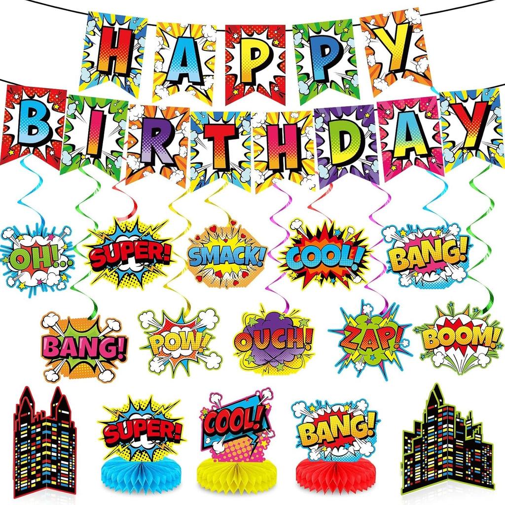 27pcs Super Theme Party Decorations Set Hero Birthday Banner Hanging Swirls and Honeycomb Centerpieces Fun Hero Theme Party Decor for Boys Girls Kids