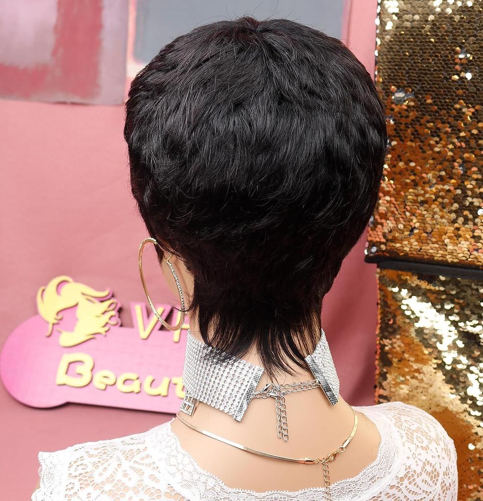 Black Women's Short Elf Style Synthetic Wig, Fashionable Wave Layered Wig With Free Hairnet