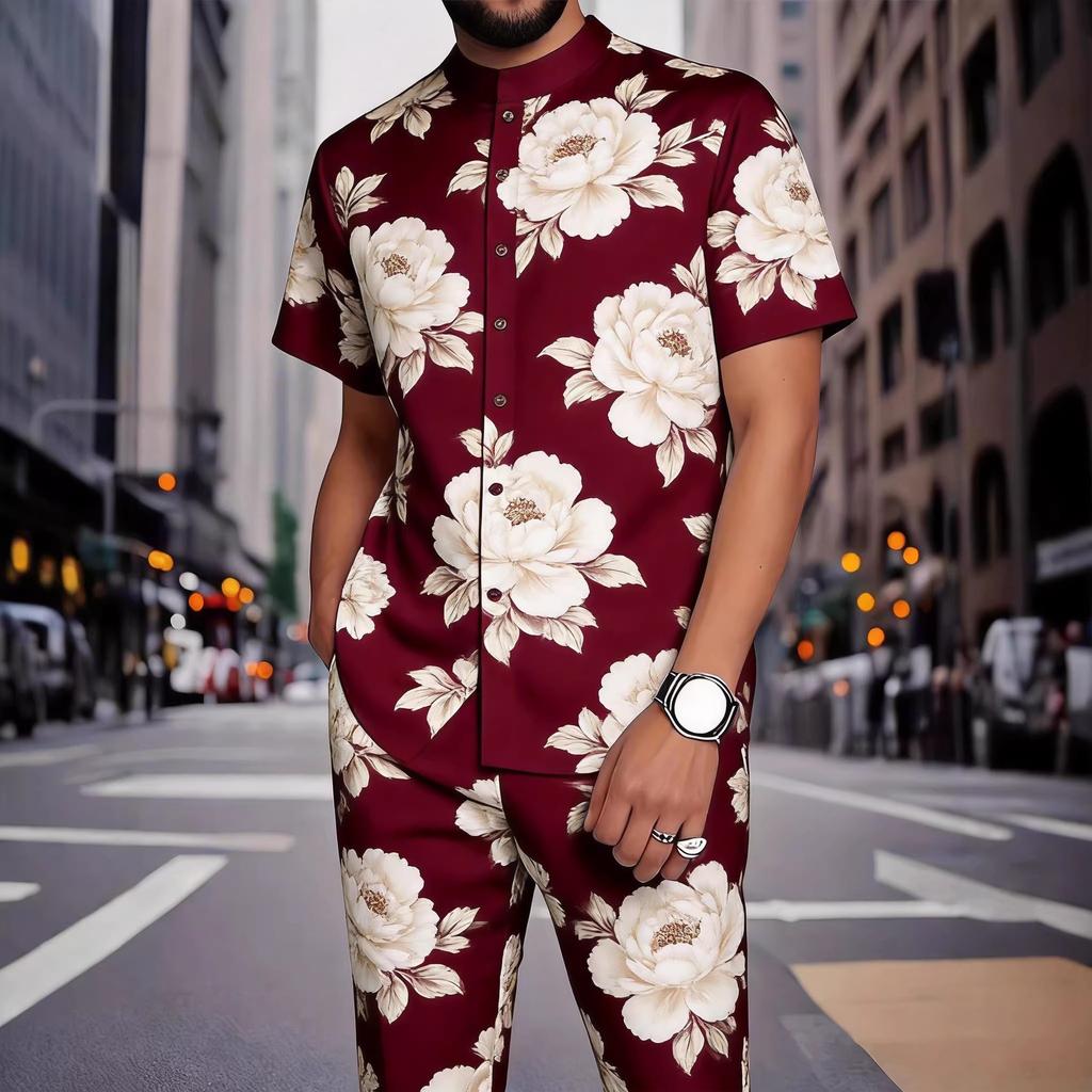 TEMU new digital printing boys fashion casual stand-up collar short-sleeved quick-drying button top trousers set