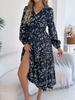 Spring Autumn Casual Woman Dress V Neck Long Sleeve Lotus Leaf Edge Floral Print Long Dress Elegant Women Clothing