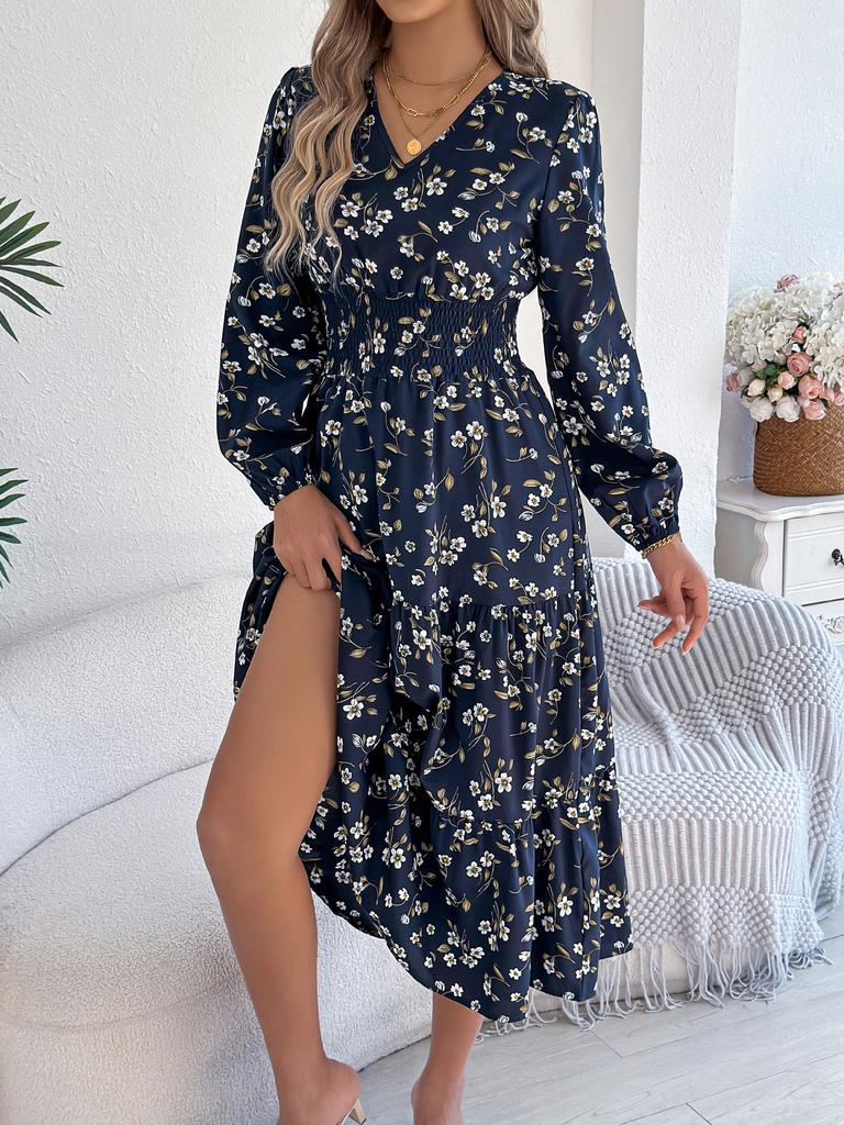 Spring Autumn Casual Woman Dress V Neck Long Sleeve Lotus Leaf Edge Floral Print Long Dress Elegant Women Clothing