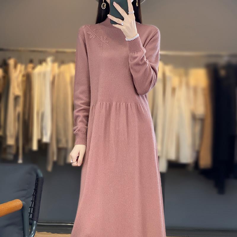 Hand-embroidered Half-high Neck Wool Dress for Women In Autumn and Winter New Fashionable and Versatile Mid-length Temperament Cashmere Skirt