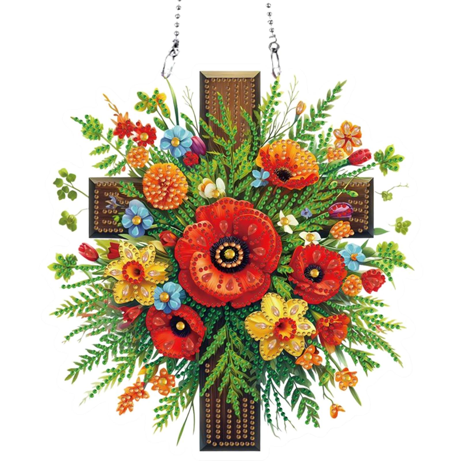 

Cross Flower Theme 2D Flat DIY Diamond Painting Set Hanging Diamond Art Kits Diamond Art Pendant Wall Decor for Home & Windows