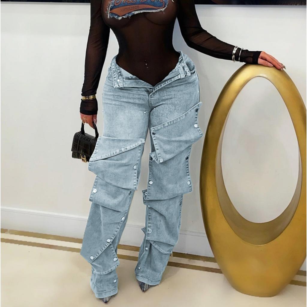 STREETRICH Fashion Detachable Buckle Irregular Jeans For Women High Waist Denim Pants Female Trendy