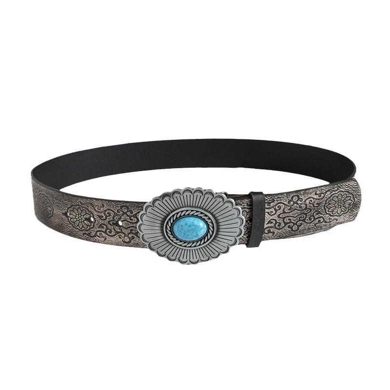 Punk Style Embossed Leather Belt With Large Gemstone Flower For Streetwear