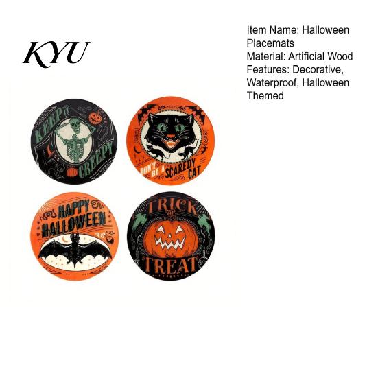 Stain Resistant Table Pads for Kitchen Halloween Wooden Coasters, Decorative Placemats Dining Table, Heat Mats Reusable Room with Pumpkin Ghost