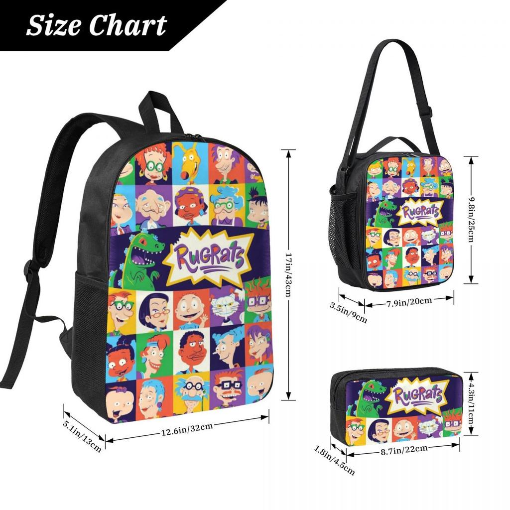 3Pcs Rugrates Chuckie Finster Backpack Set for Girls Boys Pen Bags Bookbag Sets with Lunch Box For School Students Knapsack