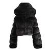 Women Short Faux Hooded Warm Furry Splicing Jacket Long  Sleeve Outerwear