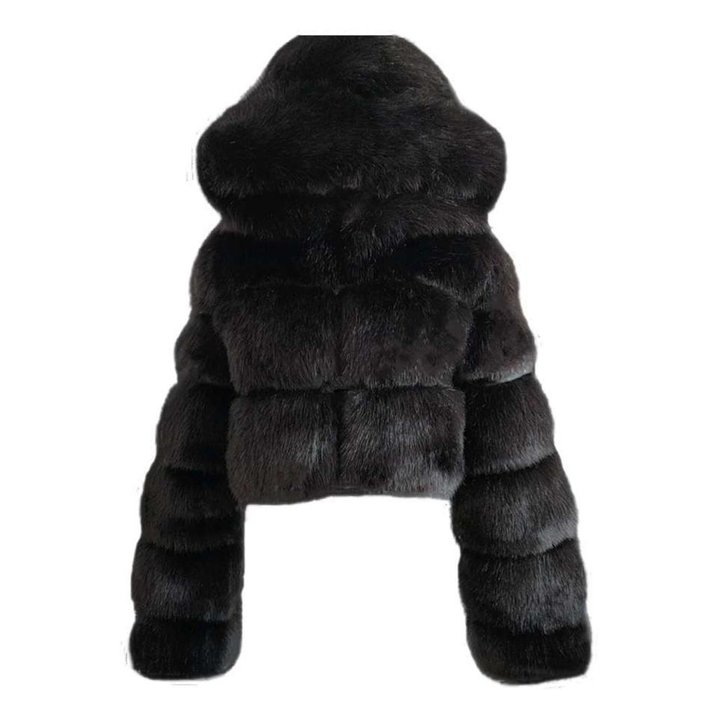 Women Short Faux Hooded Warm Furry Splicing Jacket Long  Sleeve Outerwear