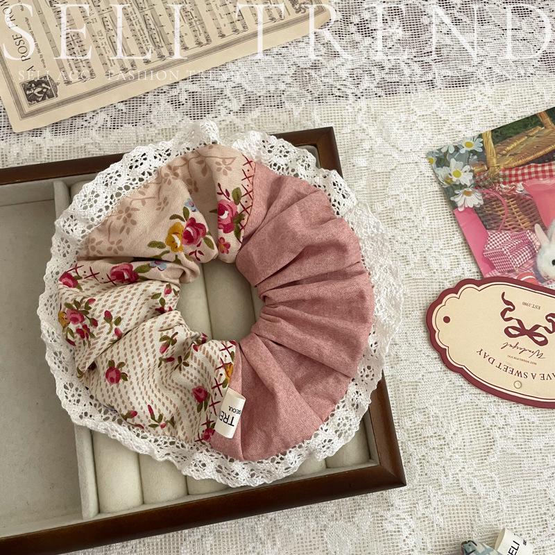 Windsor Rose French Court Lace Scrunchie & Retro Japanese Korean Square Scarf Hair Accessory