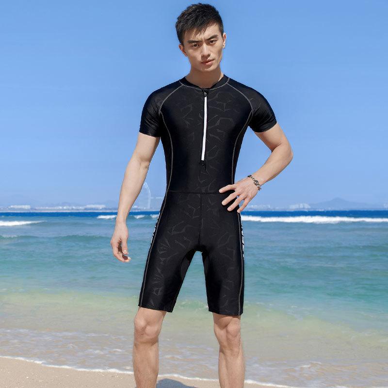 New Men's One-piece Swimsuit Short Sleeved Five Quarter Pants Sun Protection Plus Size Youth Professional Training Surfing Suit
