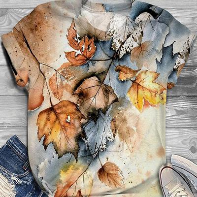 Fashion Women Autumn Leaves Print T Shirt Funny Casual O-neck Short Sleeves T-shirt Summer Female Tee Shirt