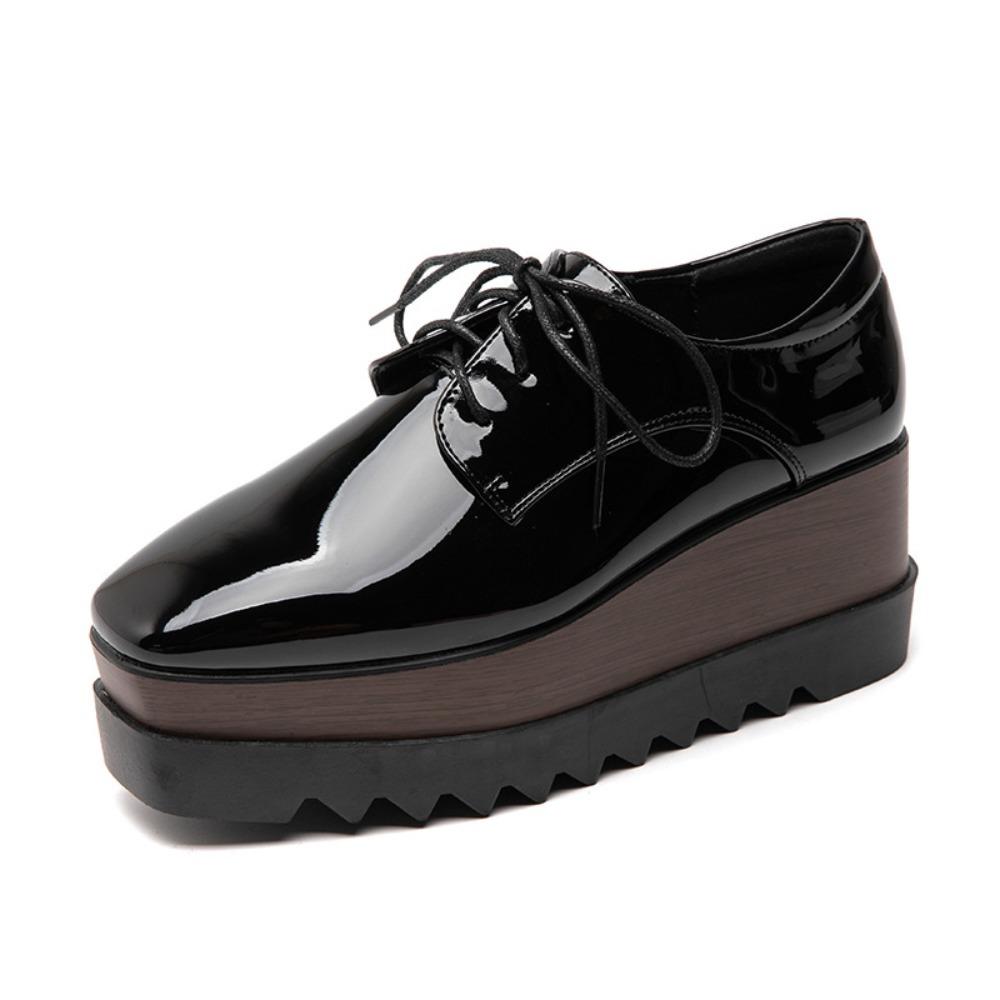 HZB‑761‑8 2026 New Women Patent Leather Lace‑Up Wedge Platform Pumps, British Style Soft‑Sole Versatile Thick‑Sole Casual Leather Shoes