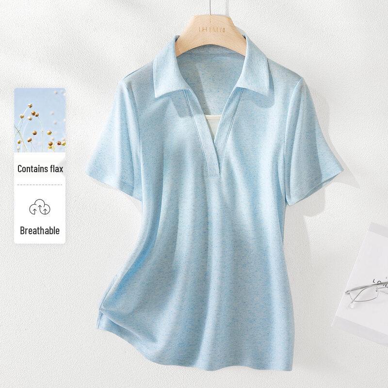 IHIMI Women s Linen-Blend Faux Two-Piece Short Sleeve Polo T-Shirt XL