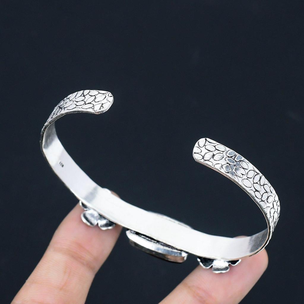 Natural Iron Tiger Eye Gemstone Bangle Flower Adjustable 925 Silver For Girls
