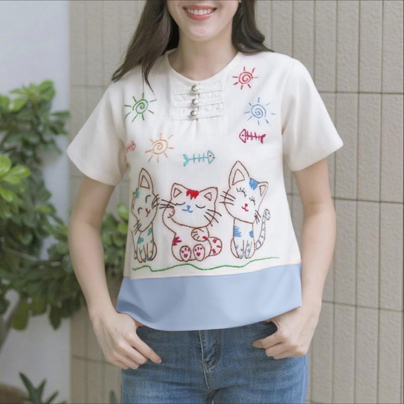 

ZANZEA Женская повседневная летняя блузка с круглым вырезом и коротким рукавом с принтом 5XL синий