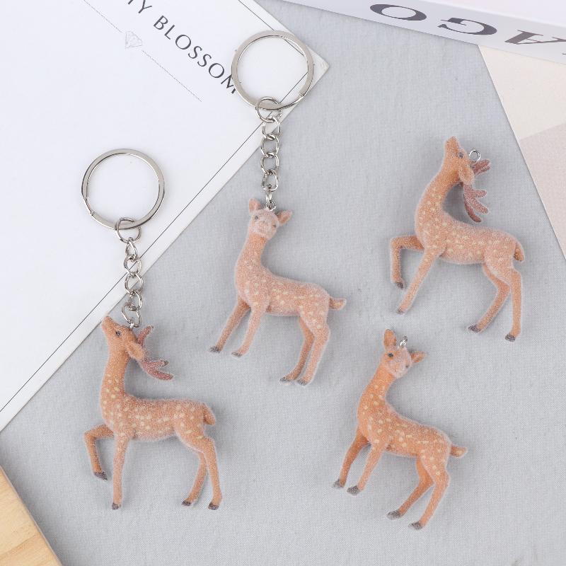 1/2Pcs Cute 3D Christmas Elk Keychains For Women Men Kawaii Flocked Sika Deer Pendant Bag Airpods Box Car Charm Jewelry