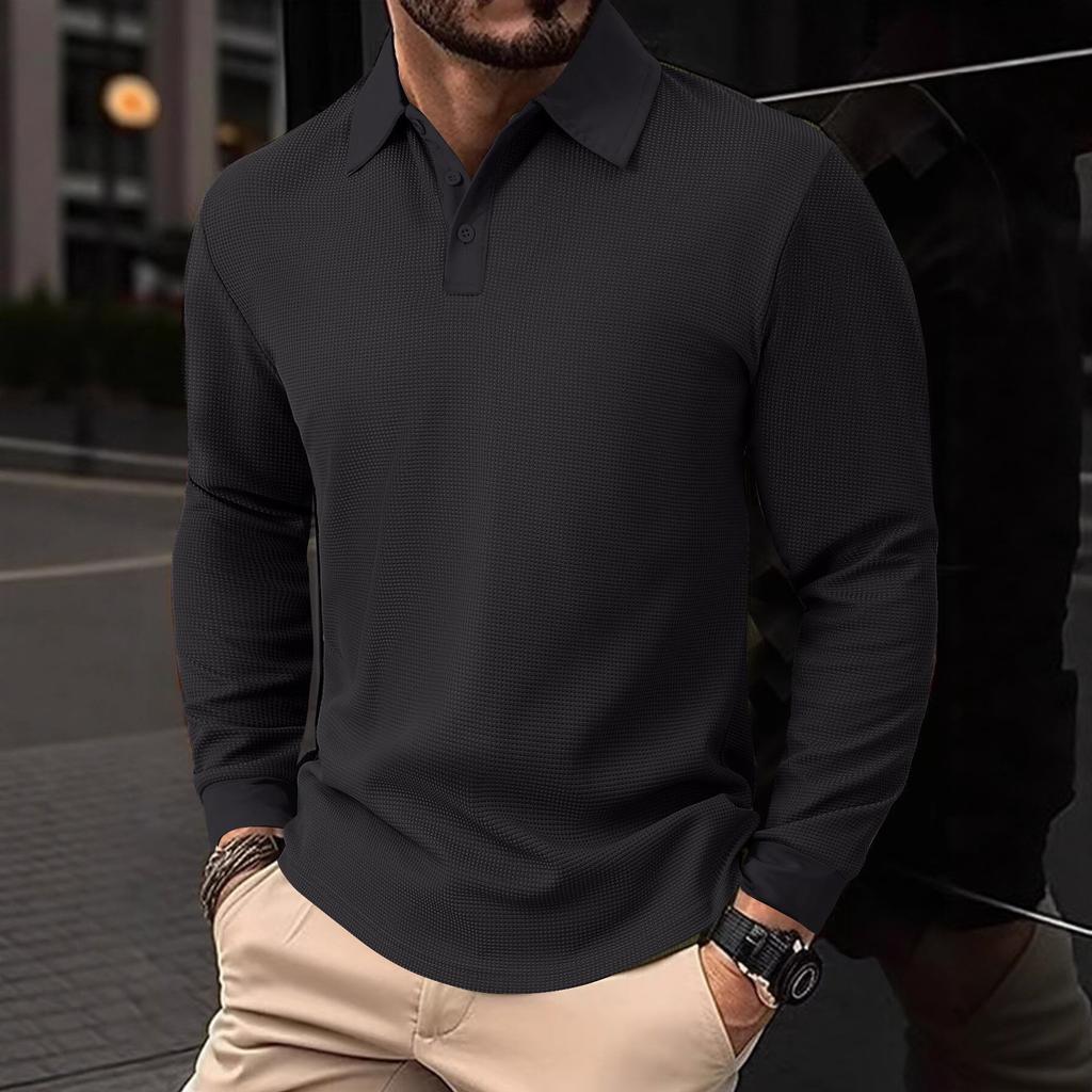 Plain-coloured men’s polo shirt with a turn-down collar and long sleeves