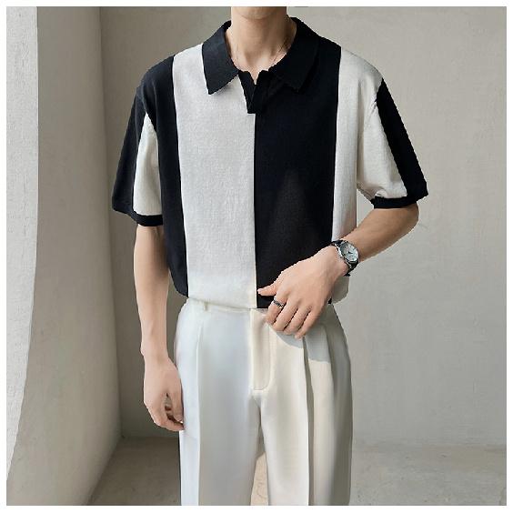 

Летняя повседневная свободная модная мужская футболка-поло с коротким рукавом, модная серо-белая цветная блочная, отложной воротник, дышащая мужская трикотажная рубашка M чёрный