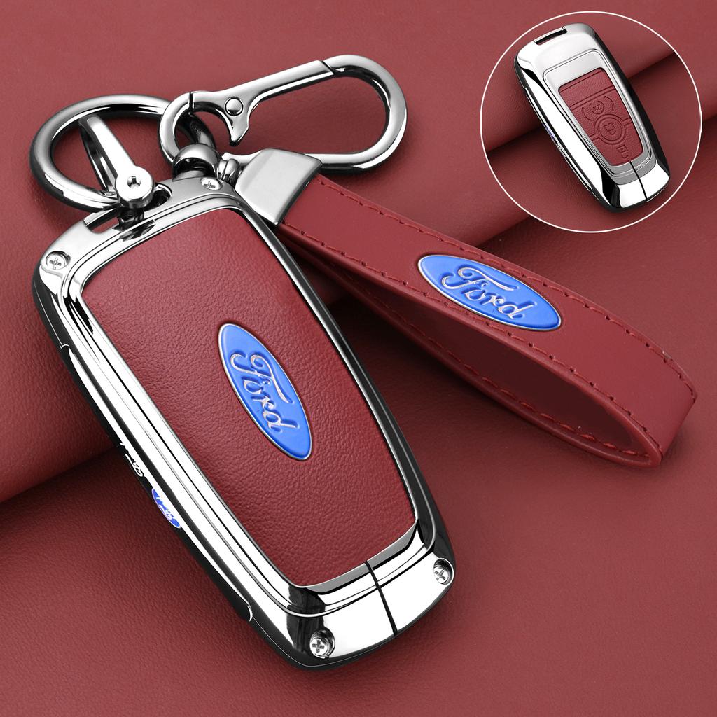 Leather Car Key Case Protector Cover for Ford Fusion Mustang Explorer F150 F250 F350 EcoSport Edge S-MAX Ranger Lincoln Mondeo