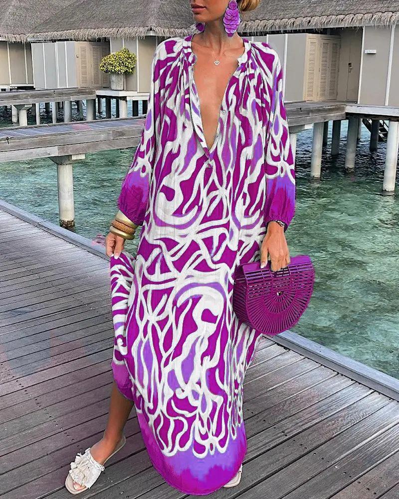 2022 Autumn V-neck Long Sleeve Print Dress for Women