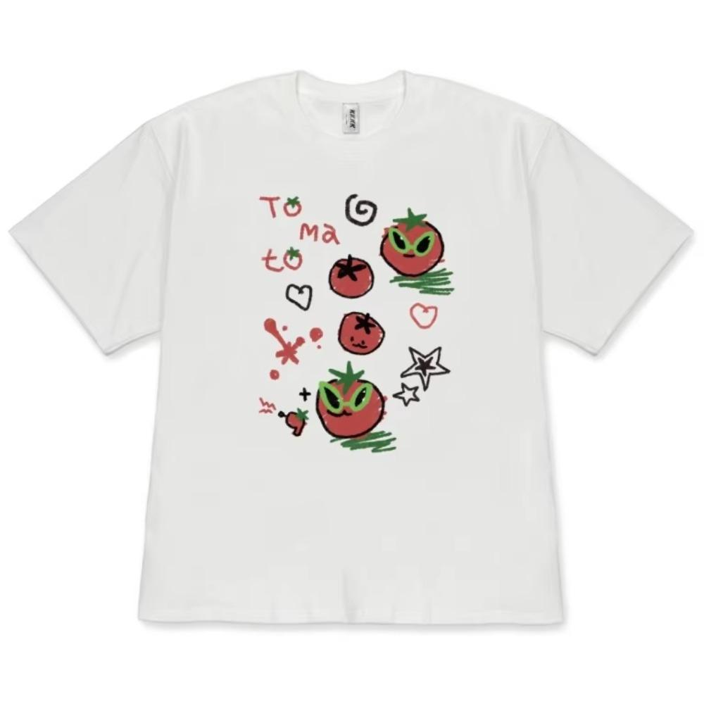 Colorful Hand Drawn Doodle Tomato Graphic T-Shirt, Cute Tomato Print Tee, Aesthetic Food Shirt  Daily Wear Cool Top 4XL