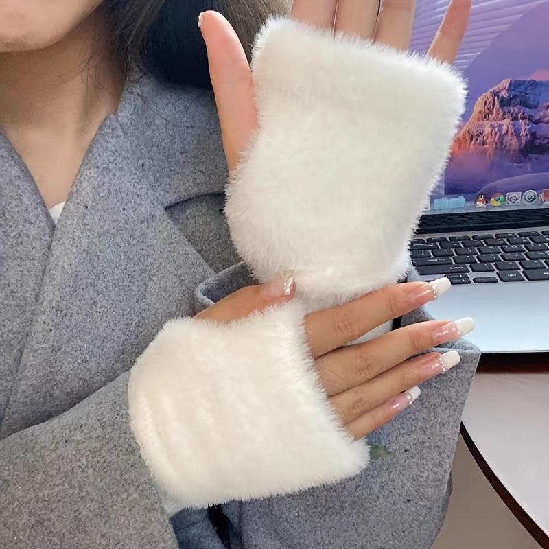 Plush Splicing Knit Gloves Stylish Solid Color Fingerless Hand Warmers With Thumb Hole Winter Coldproof Versatile Writing Gloves