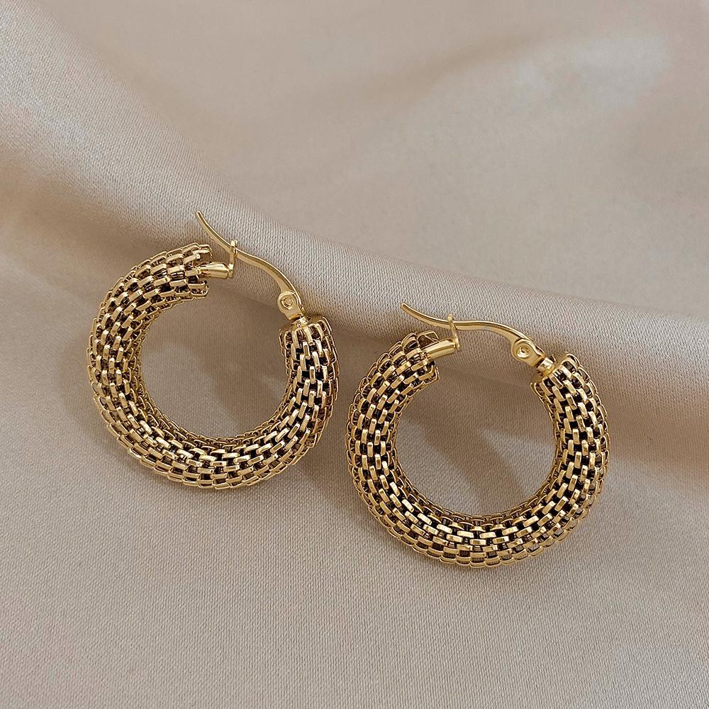 FLASHBUY Stainless Steel Gold Color Geometric Metal Mesh Earrings for Women Girls New Trend Hoop Ear Jewelry Gift