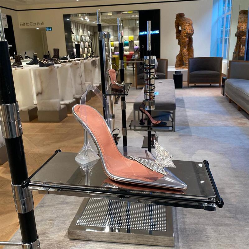 Bow Diamond Buckle Toe Sandals 2024 Summer New Sexy Leather Transparent Pointed Heel Stiletto Heels