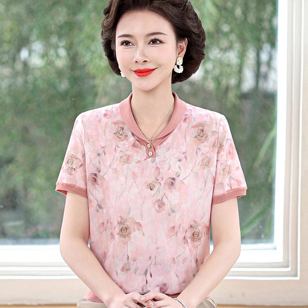 Women's Ice Silk Summer T-Shirt: Chic Short-Sleeved Blouse for Middle-Aged Moms (40-50+).