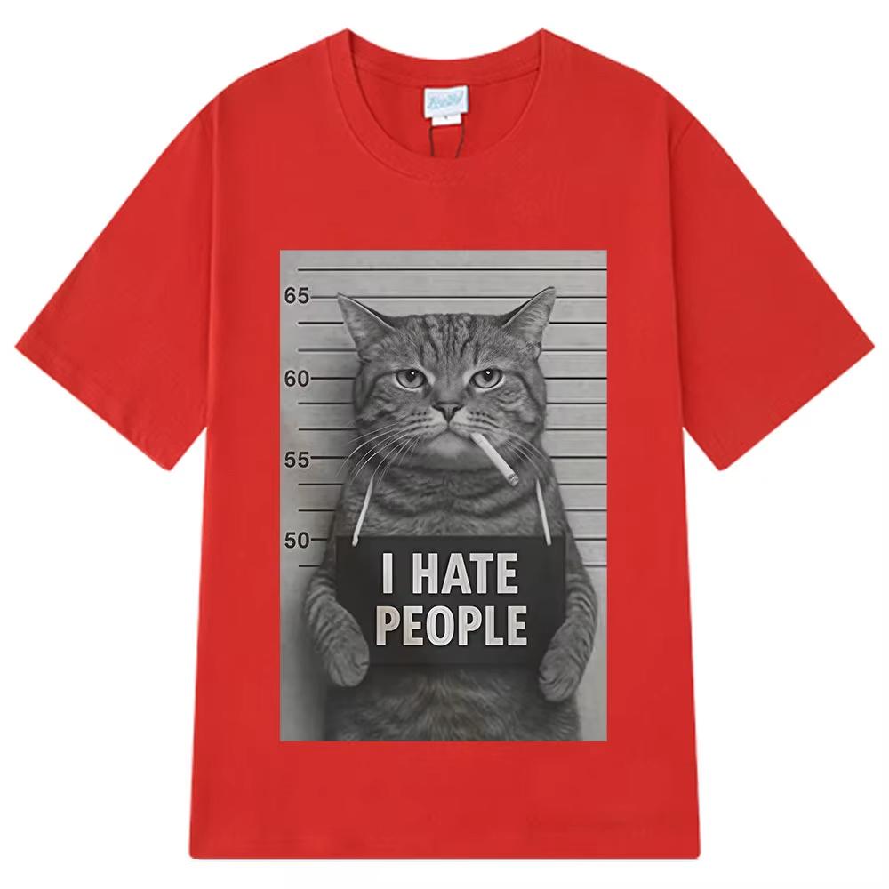 I Hate People Meow Print Tshirt Fun Cat Print T Shirts Men Women Loose Short Sleeve Clothing Harajuku Cotton Casual Tshirts